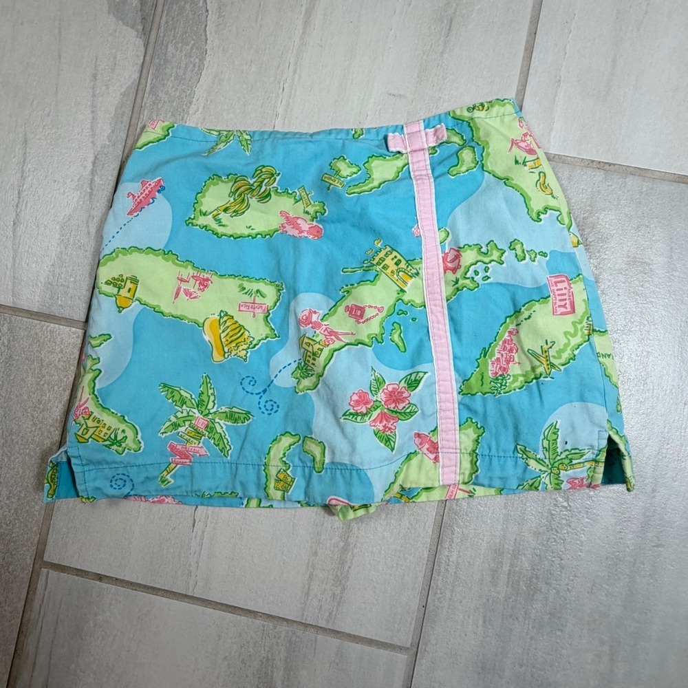 Lilly Pulitzer Vintage Island Map Skort Blue Pink Tropical Mini Skirt Size 7
